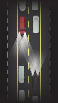 Illustration top view flat color of car vehicle with light beam at night road Stock Illustration