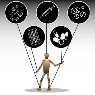 An illustration on the topic of dependence on pharmaceuticals. A puppet tied to Stock Illustration