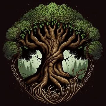 Illustration of the tree of life inside with a forest backdrop isolated on a dar Stock Illustration
