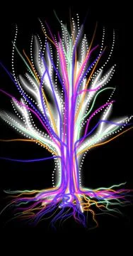Illustration of a tree of light on a black background 스톡 일러스트