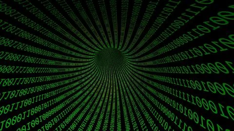 Illustration of a tunnel composed of green binary codes tilted upward on a black Illustrazione stock