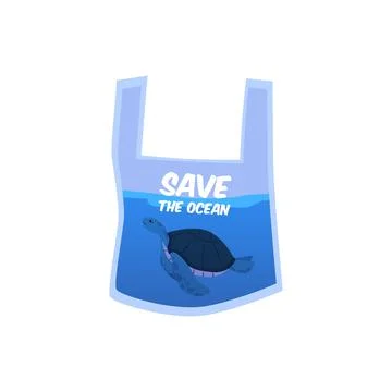 Illustration of a turtle on a plastic bag. Vector isolated illustration. Stock Illustration