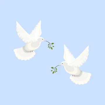 Illustration of two beautiful shiny white doves flying in a blue sky holding a Stock Illustration