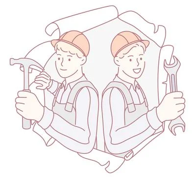 Illustration of Two Construction Workers with Tools, showcasing teamwork and イラスト素材