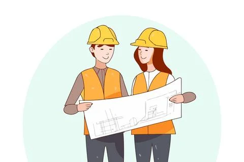 Illustration of two engineers in helmets with blueprints at a construction .. Stock Illustration
