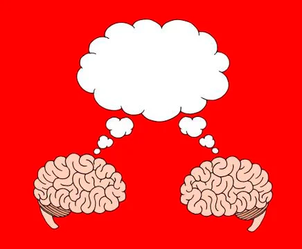 Illustration of two human brains sharing the same cloud of thought Stock Illustration
