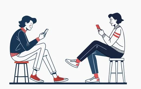 Illustration of two  person sitting on a stool and holds a smartphone Stock Illustration