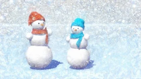 Illustration, two snowman. Snowfall background. Stock Illustration