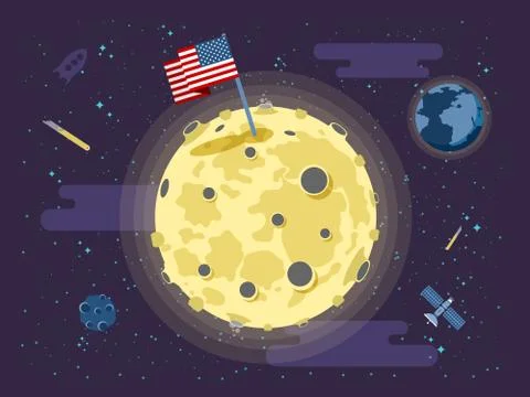 Illustration of the USA flag stuck into the surface the moon in a flat style Stock Illustration