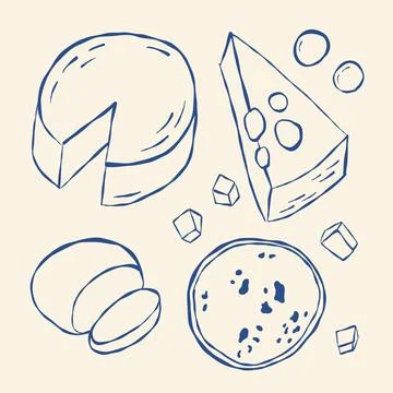 Illustration of various cheese types sketched in blue ink Stock Illustration