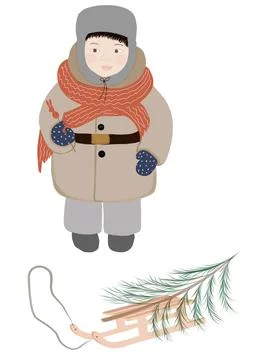Illustration in vector. a boy in winter clothes with a lollipop and a sleigh Stock Illustration
