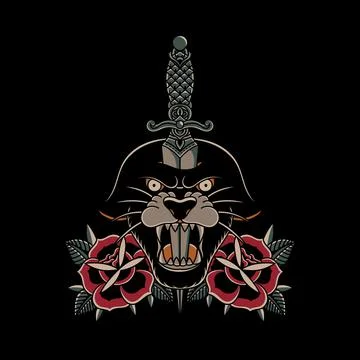Illustration vector dagger lion head traditional tattoo style Illustrazione stock