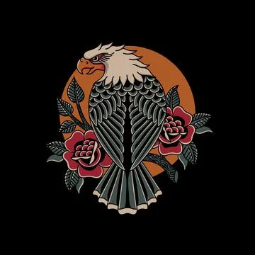 Illustration vector eagle with roses in traditional tattoo style Illustrazione stock