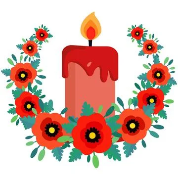 Illustration vector isolated red lighted memory candle, red poppies with le.. Stock Illustration