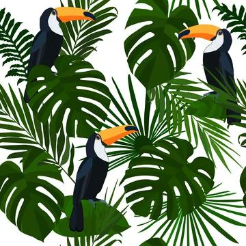 Illustration. Vector Seamless pattern with tropical leaves and toucan on a br Stock Illustration