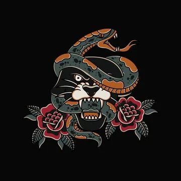 Illustration vector snake lion head with roses in traditional tattoo style Illustrazione stock