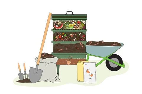 Illustration of vermicomposting. Worm composting. Recycling organic waste, .. Stock Illustration