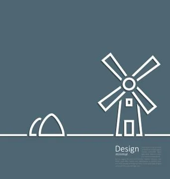 Illustration village landscape windmill haystack, design minimal line style Stock Illustration