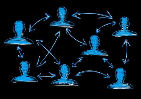 An illustration of a virtual team Internet network on a black background - da Illustrazione stock