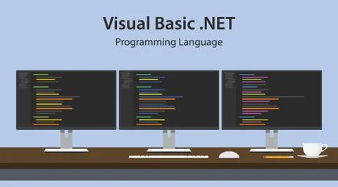 Illustration of Visual Basic .NET programming language code displayed on three Stock Illustration