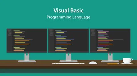Illustration of Visual Basic programming language code displayed on three Stock Illustration