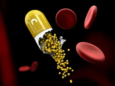 Illustration of Vitamin C Capsule dissolves in the stomach Stock Illustration