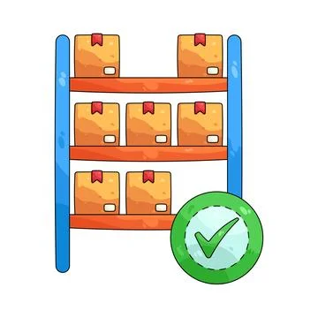 Illustration of Warehouse shelving with boxes and a checkmark Stock Illustration