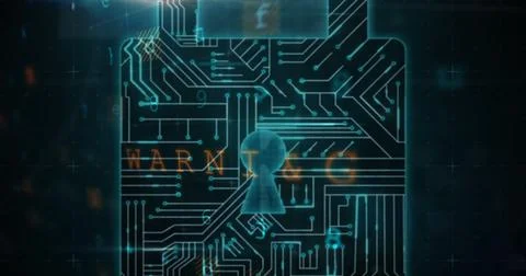 Illustration of warning text over padlock with circuit board pattern against Illustrazione stock