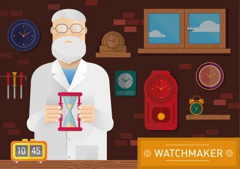 Illustration of a watchmaker in the workplace with  clock on the wall Stock Illustration