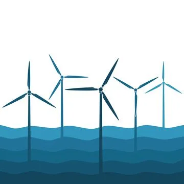 Illustration with waves and windmills, wind turbines Stock Illustration