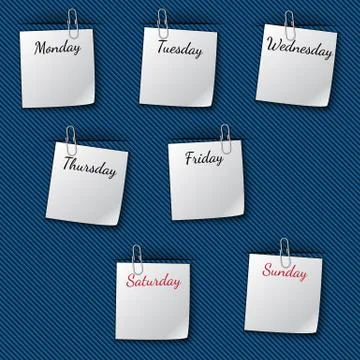 Illustration of the week notes clipped to the blue cloth Stock Illustration