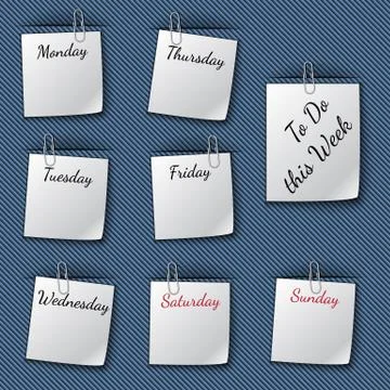 Illustration of the week notes clipped to the blue cloth Stock Illustration