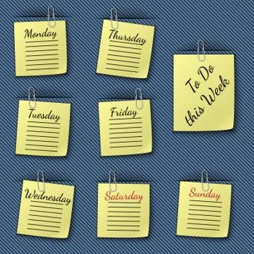 Illustration of the week notes clipped to the blue drapery Stock Illustration