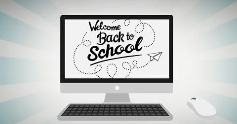 Illustration of welcome back to school text and paper plane on computer screen Stock Illustration