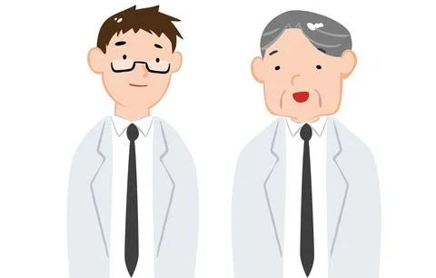 Illustration in which a man in a white coat is talking with two people Stock Illustration