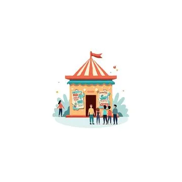 Illustration of a whimsical structure with a striped canopy and a crowd of .. Ilustración de archivo