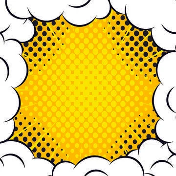 Illustration of white clouds around retro yellow rays and dots on yellow Stockillustratie
