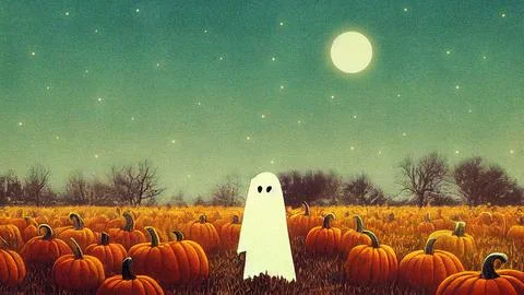 Illustration of a white ghost in a pumpkin patch at night 스톡 일러스트