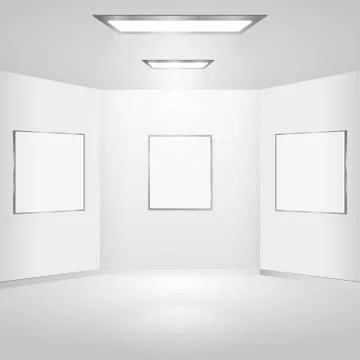 Illustration of white walls with frames and lights on the ceiling Stock Illustration
