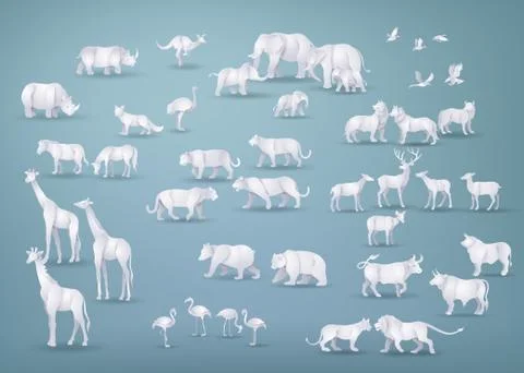 .Illustration of wild animals in many types ,paper art and origami style. Stock Illustration