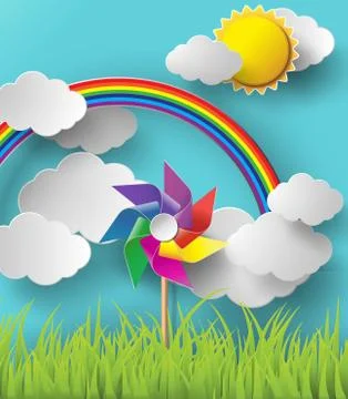 Illustration of wind mill blowing in the cloudy. Stock Illustration