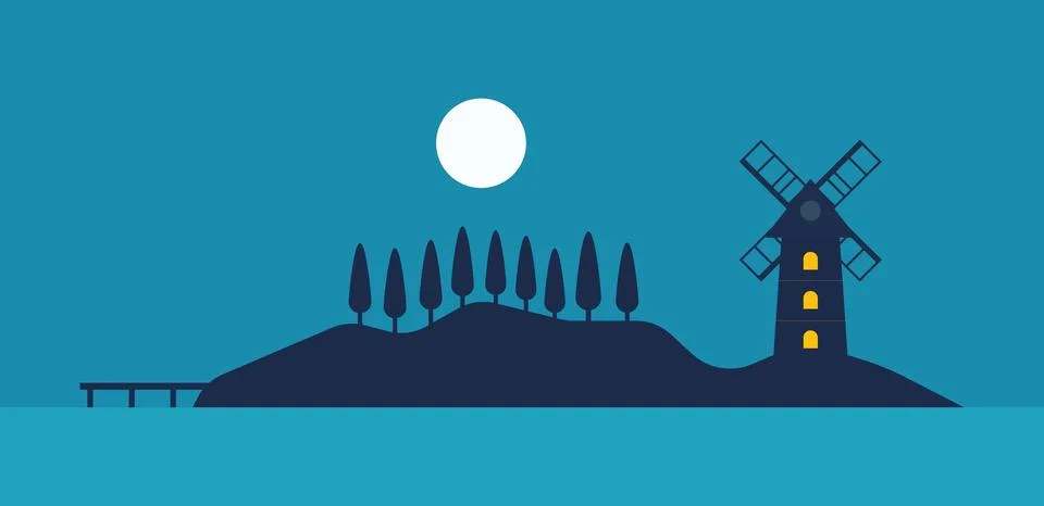 Illustration wind mill landscape with moonlight in the dark Stock Illustration