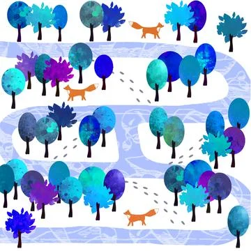 Illustration with a winter forest with trees and animals Stock Illustration