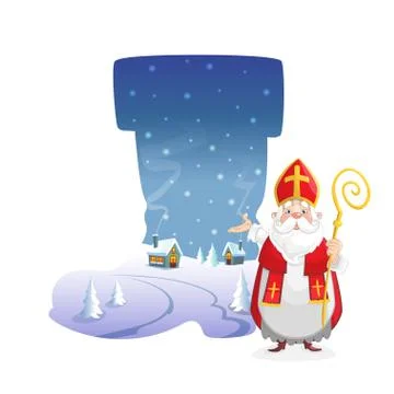 Illustration winter landscape in form of boot with cute Saint Nicholas	 Stock Illustration
