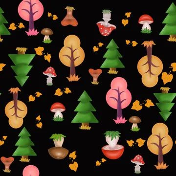 An illustration wit seamless patterns of autumn trees and mushrooms on a blac Stock Illustration