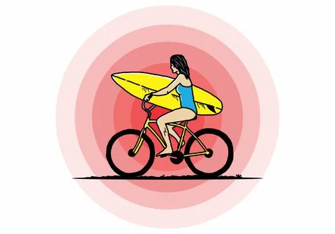Illustration of a woman going surfing on a bicycle Stock Illustration