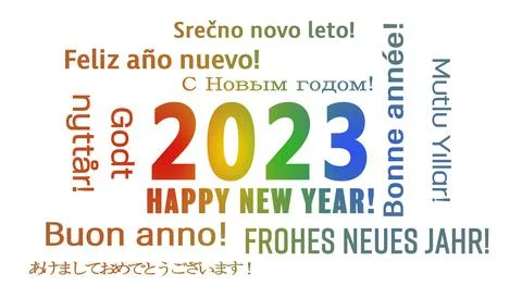 Illustration of a word cloud with the message happy new year in colorful and Stock Illustration