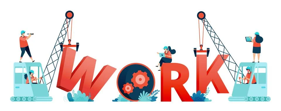 Illustration of work letters built by construction workers teamwork and excav Stock Illustration