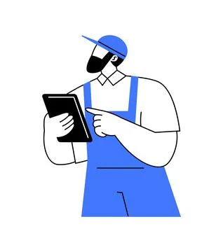 Illustration of a worker holding a tablet, symbolizing technology use in indu Illustrazione stock