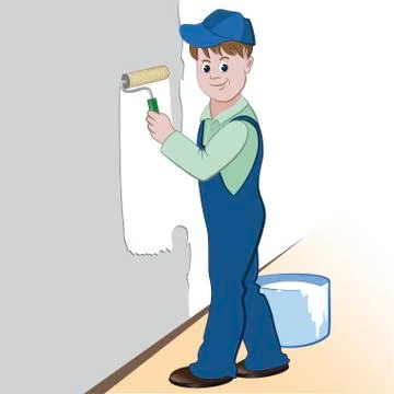 Illustration of worker with roller and paint painting the wall Stock Illustration